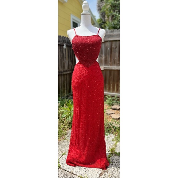 Y2K Scala Red Sequin & Beaded Floor Length Silk Open-back Prom Dress Size S - Picture 11 of 12